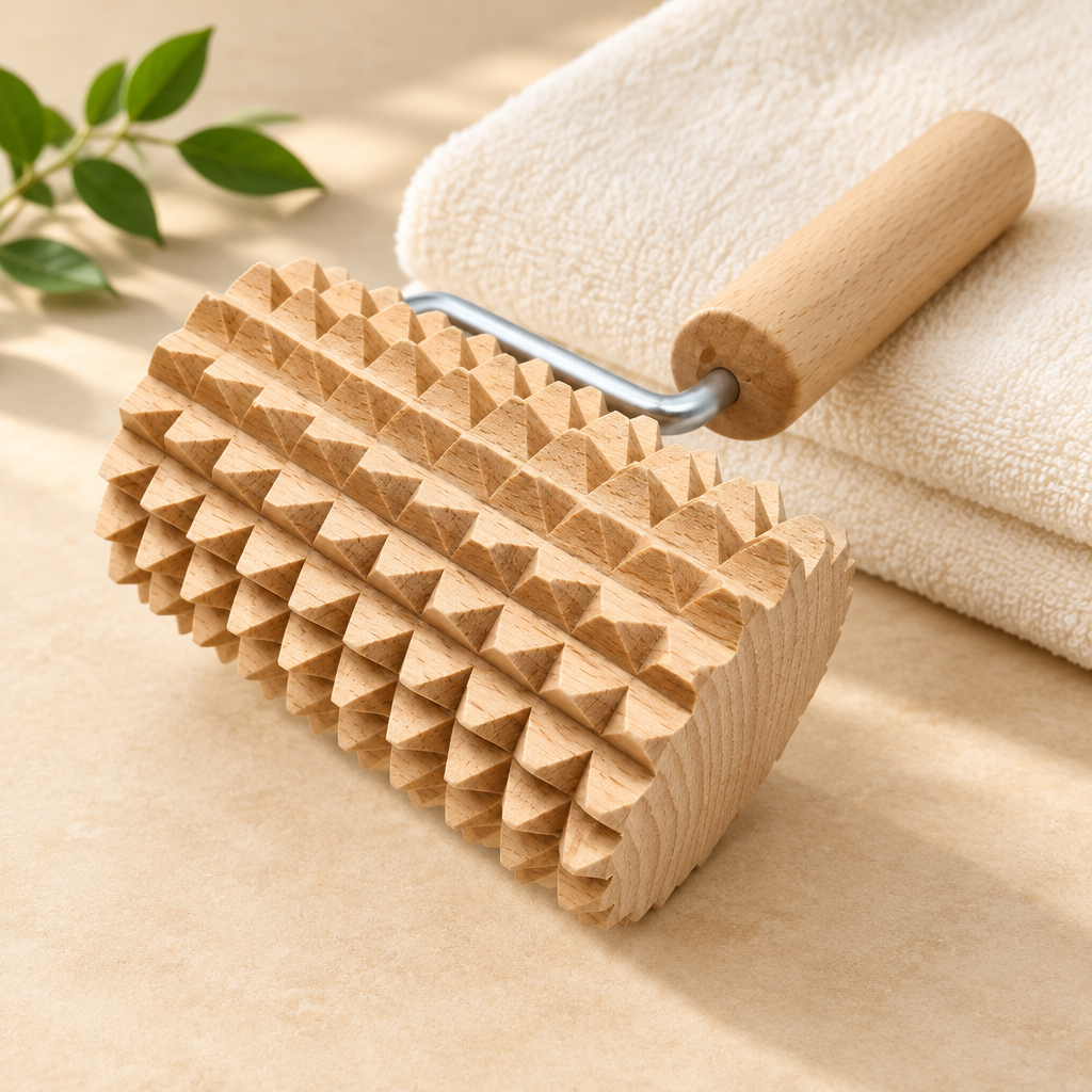 Houten massageroller op een beige oppervlak naast een crèmekleurige handdoek