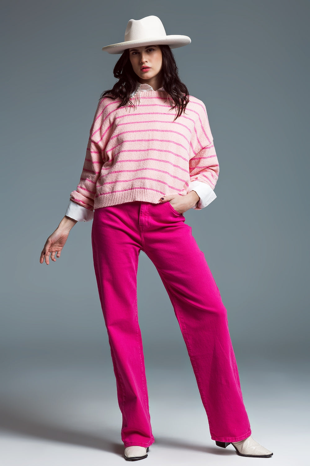 Sweater met drop shoulders en fuchsia strepen