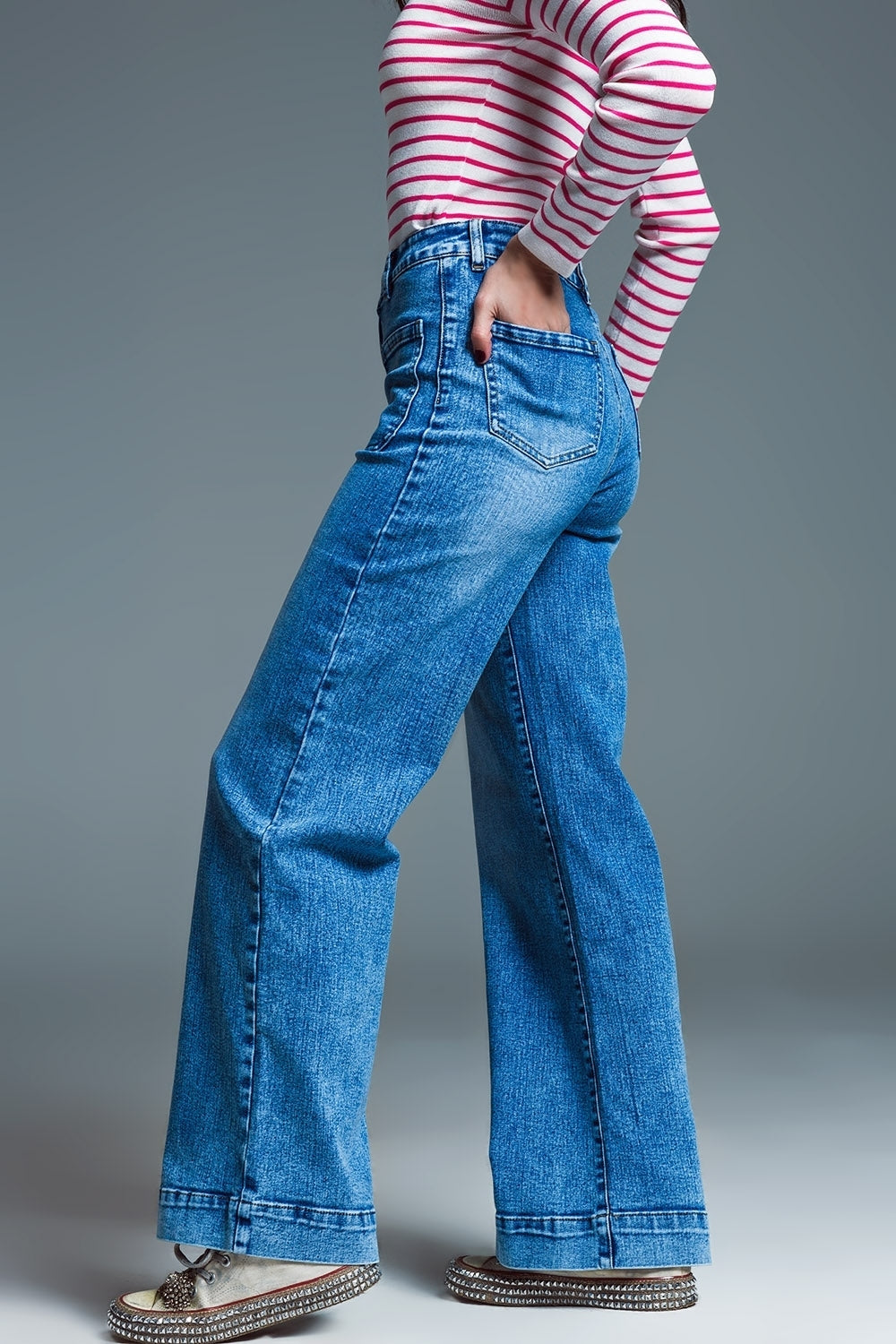 Low waist jeans met wijde pijpe en marine-stijl voorkzakken