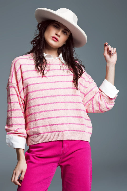 Sweater met drop shoulders en fuchsia strepen