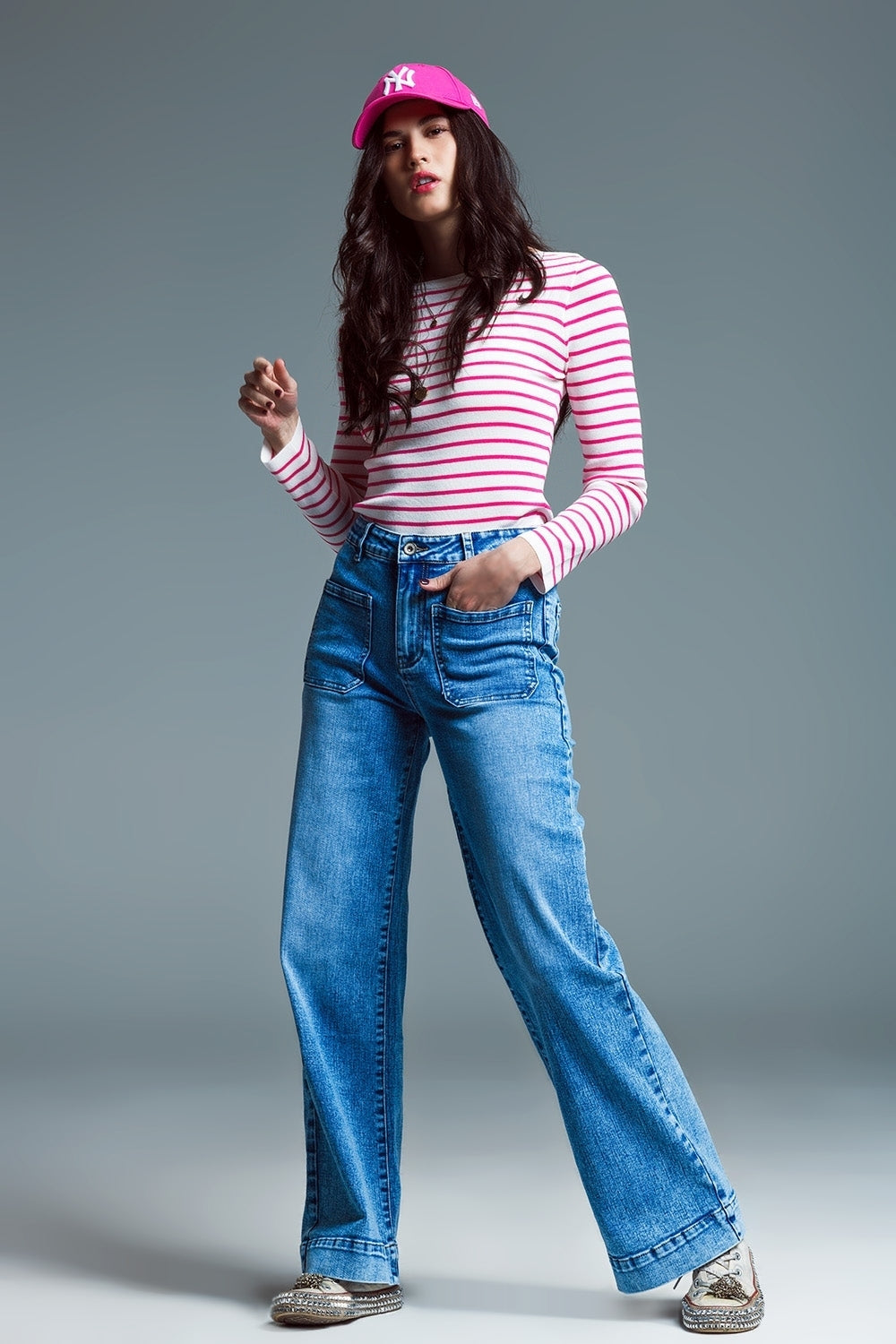 Low waist jeans met wijde pijpe en marine-stijl voorkzakken