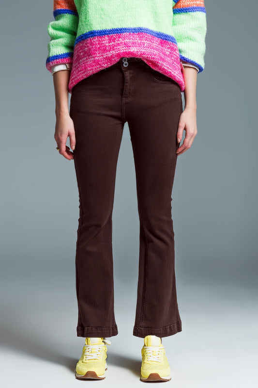 Skinny Flared Jeans met Dubbele Knopdetail in Bruin