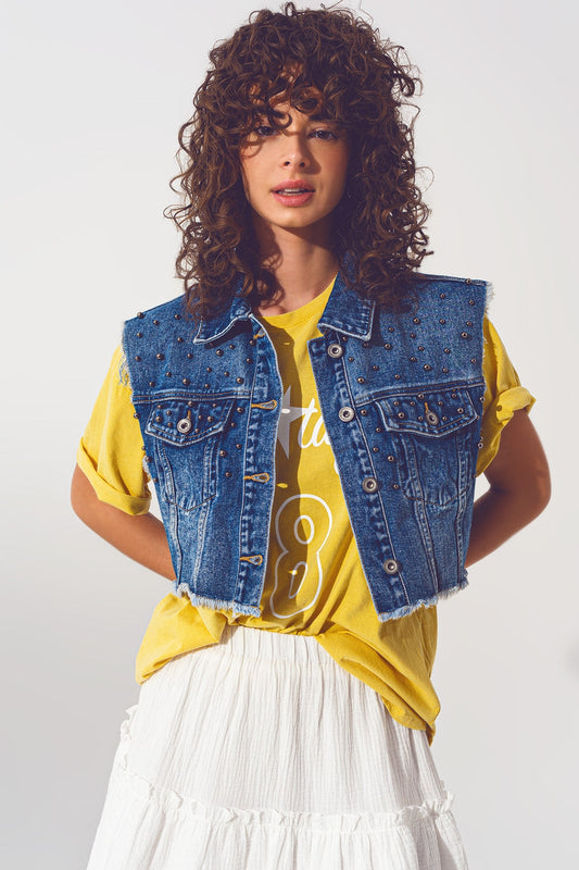 Cropped Studded Denim Vest in Blauw