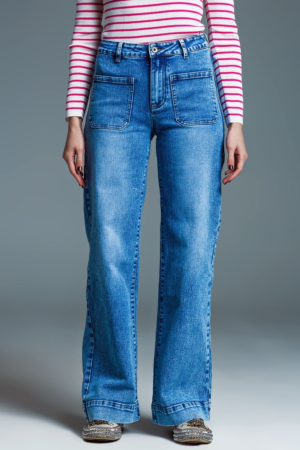 Low waist jeans met wijde pijpe en marine-stijl voorkzakken