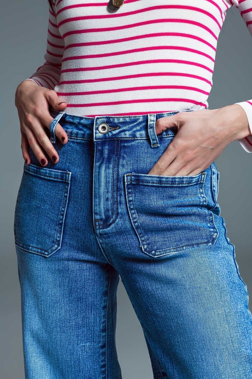 Low waist jeans met wijde pijpe en marine-stijl voorkzakken