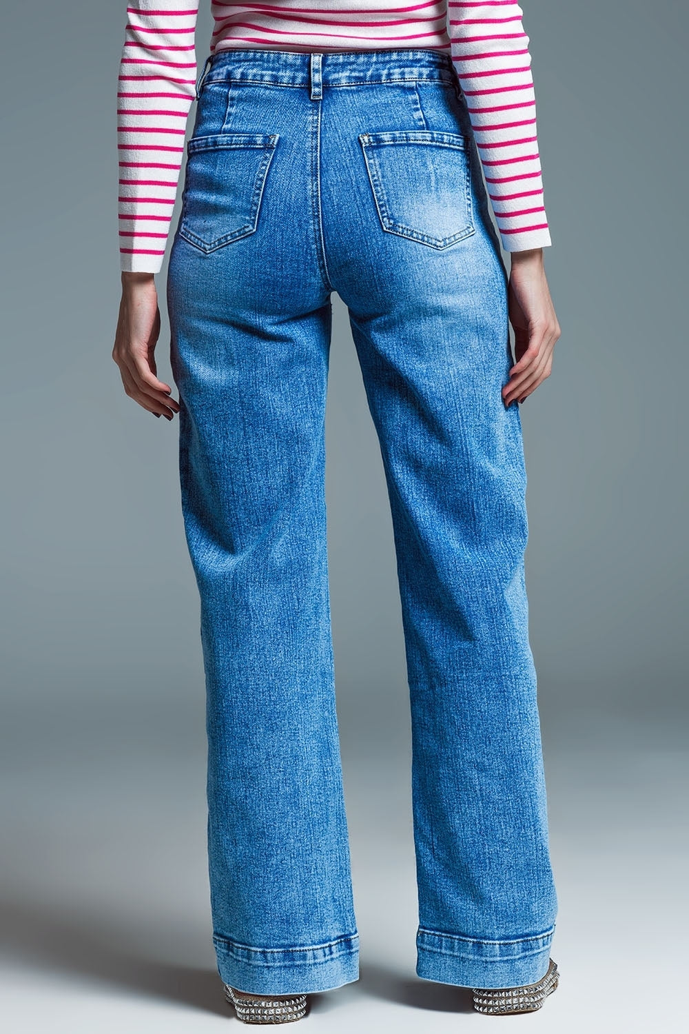 Low waist jeans met wijde pijpe en marine-stijl voorkzakken