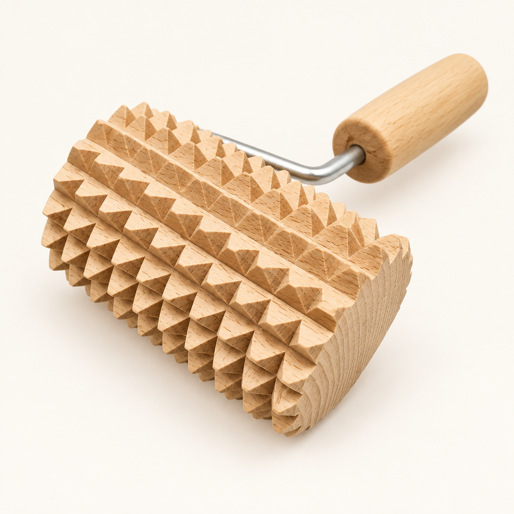 Houten lichaamsmassageroller op een lichte studioachtergrond
